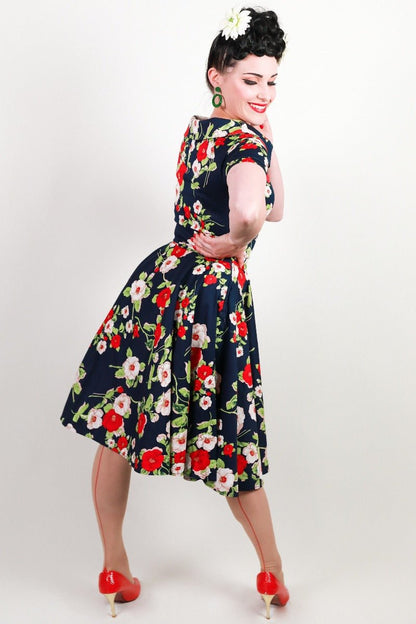 Darlene Retro Floral Roses Swing Dress in Navy Blue