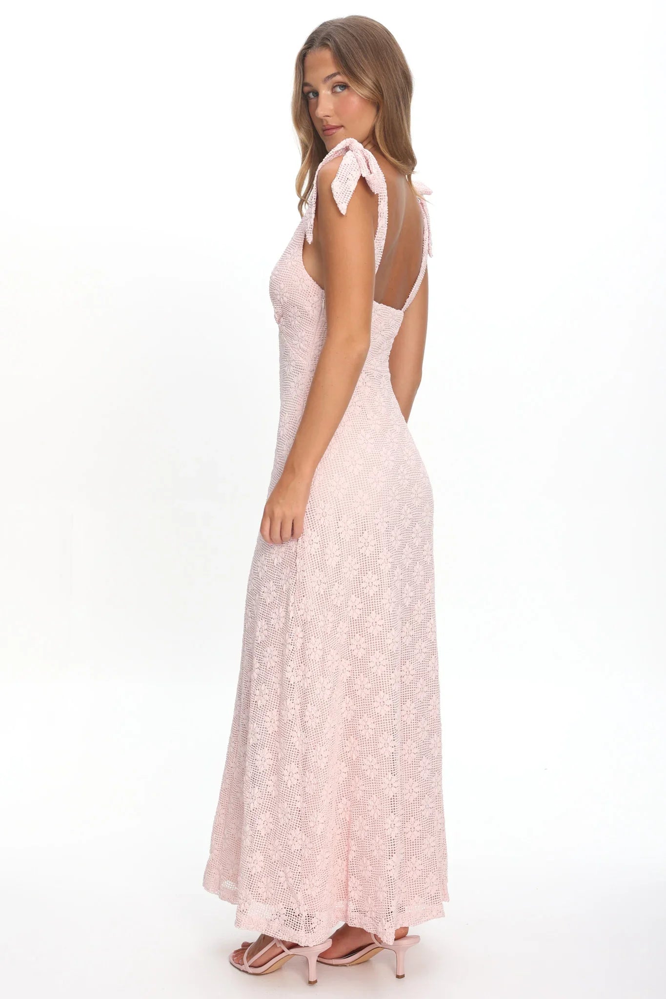 Mykonos Morning Tied Shoulder Maxi Dress Crochet Pink