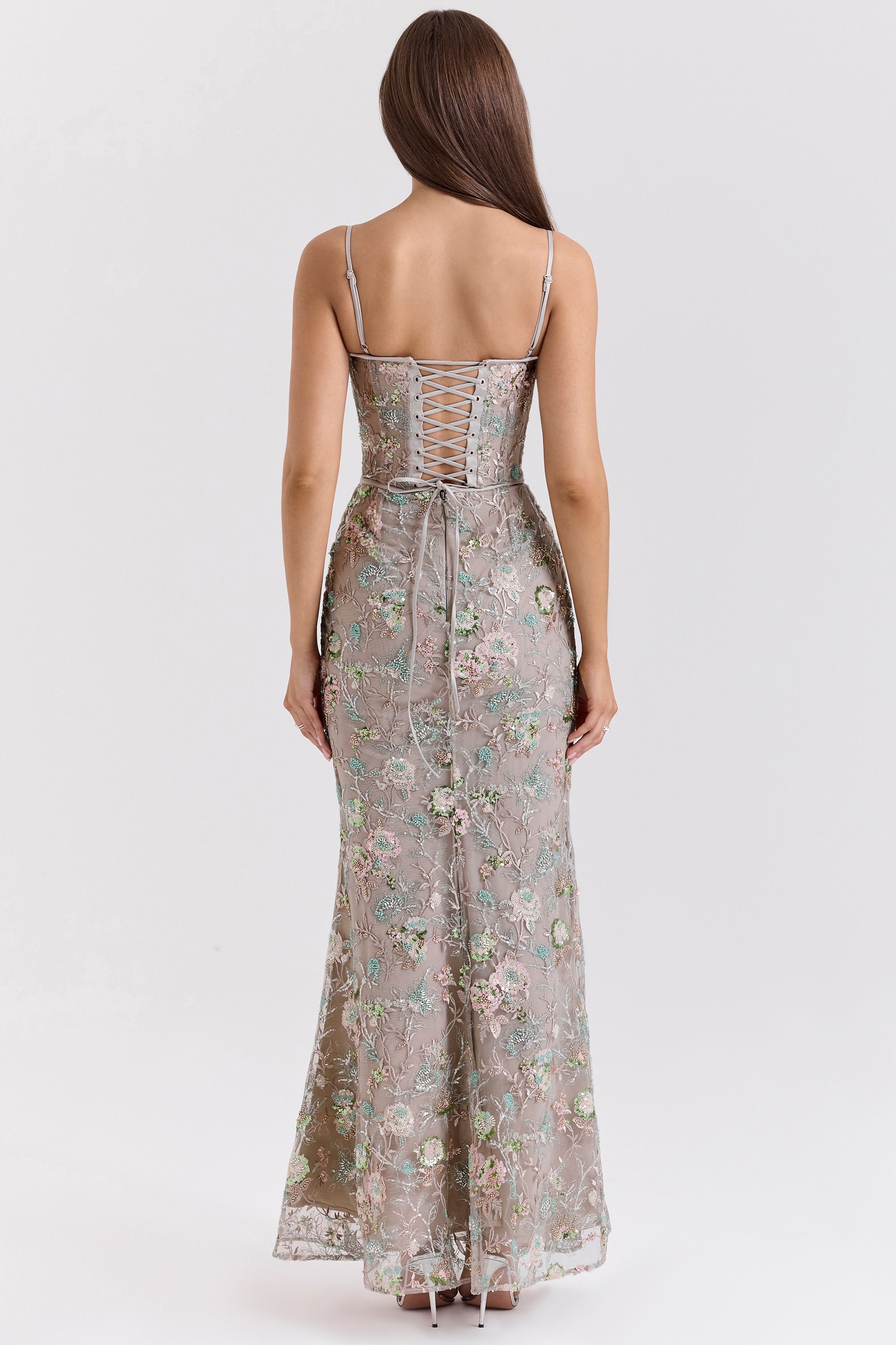 silver embellished beaded corset maxi dress