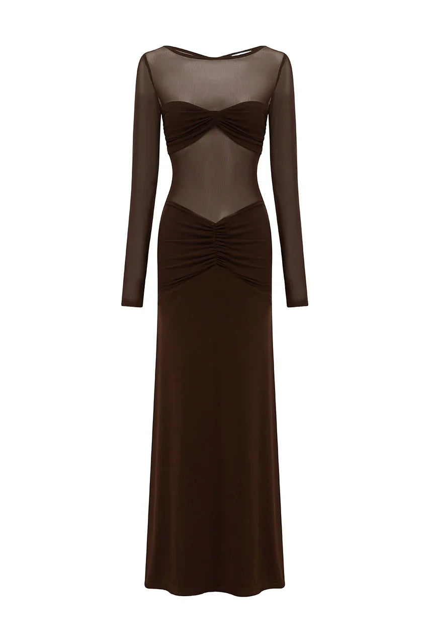 ROMY SLEEVED RUCHED MAXI DRESS - BITTER CHOCOLATE