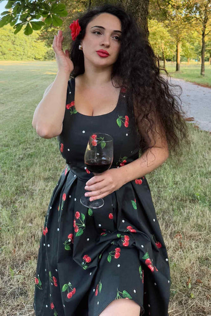 Amanda Black Cherry Retro Flared Dress In Cotton