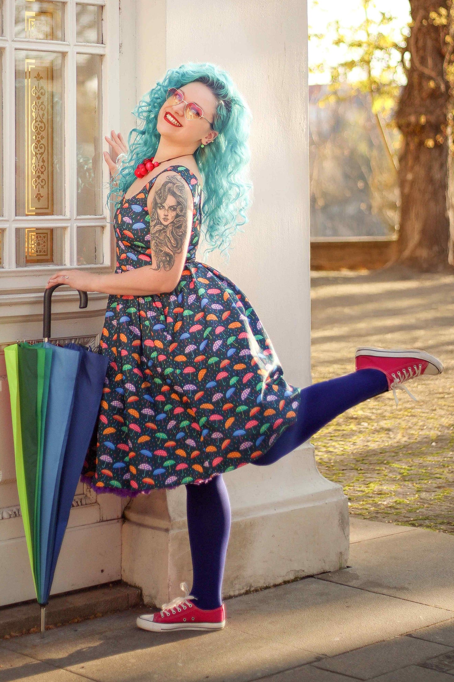 Amanda Blue Umbrella Print Swing Dress