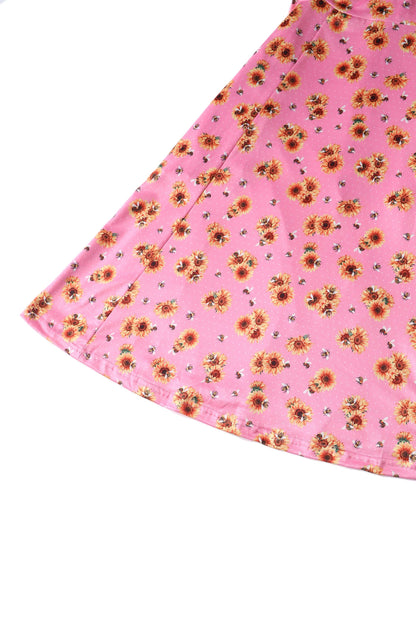 Claudia Pink Cap Sleeved Dress with Sunflowers & Bees