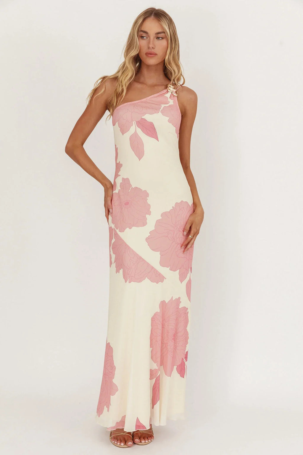 We Belong Together One-Shoulder Maxi Dress Floral Pink