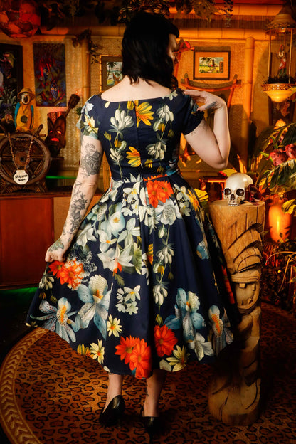 Lily Floral Bunch Off Shoulder Dress In Navy Blue