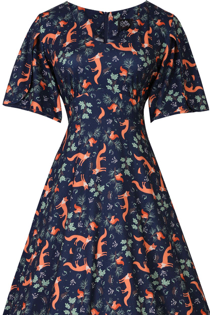 Janice Petal Sleeve Tea Dress in Navy Blue Fox Print