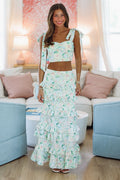 Spring Muse Print Ruffle Maxi Skirt - Green