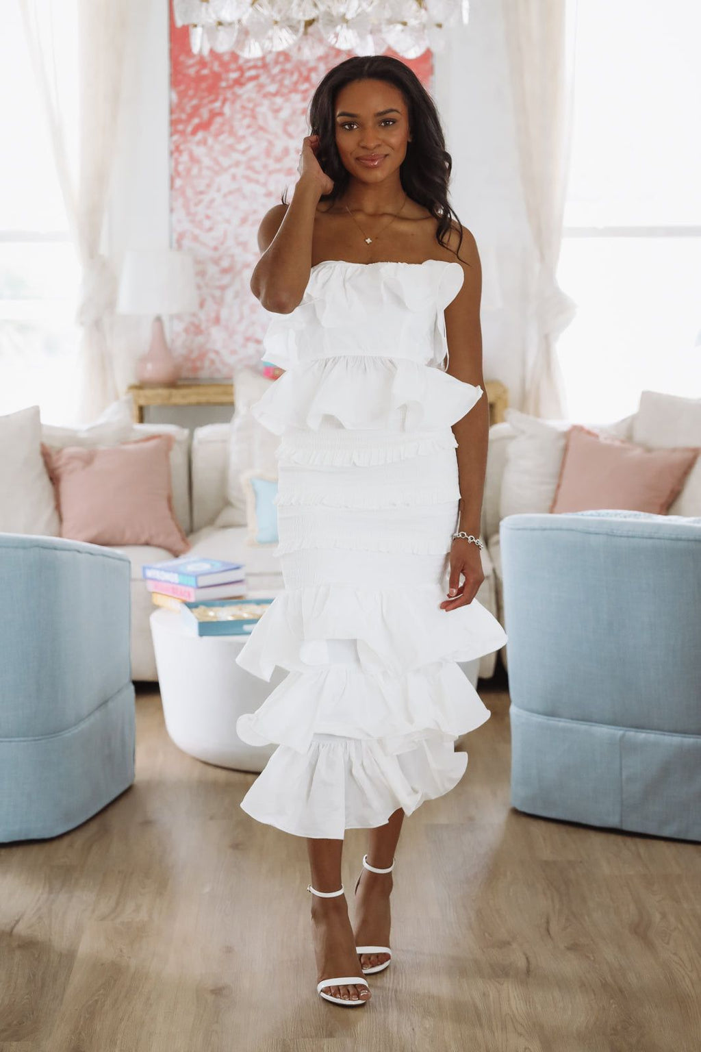 Tranquil Ruffle Top and Maxi Skirt Set - White