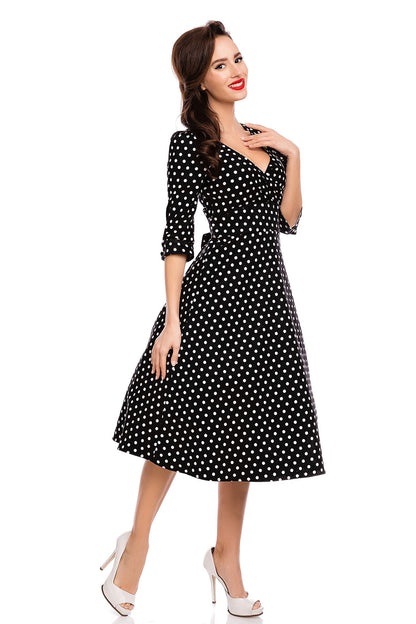 Katherine Long Sleeve 50s Style Swing Dress in Black Polka