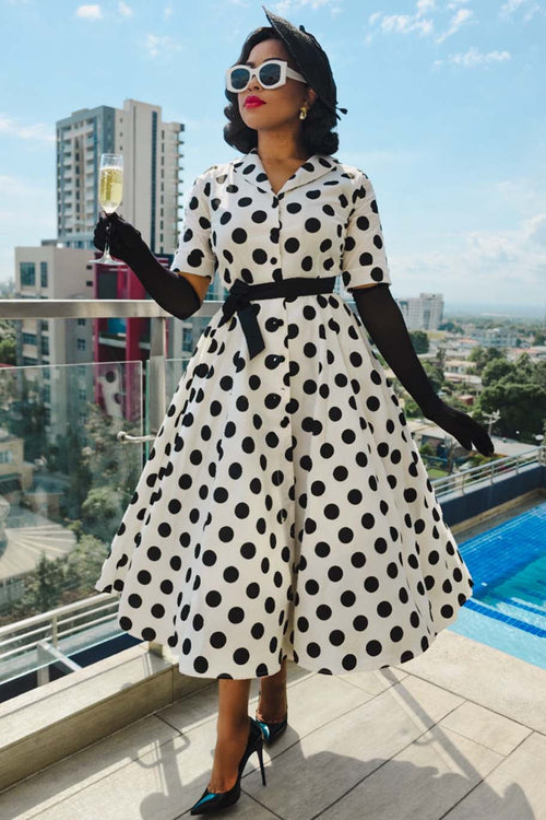 Mollie Monochrome Full Circle Shirt Dress In Polka Dots