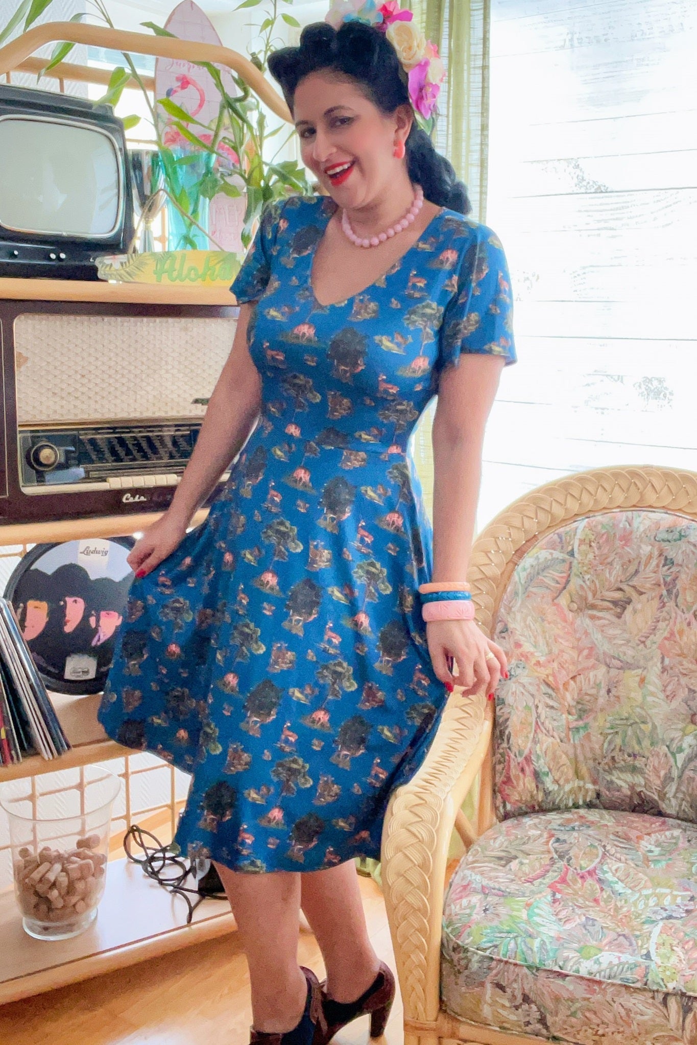 Palma Navy Deer Short Sleeved Dress