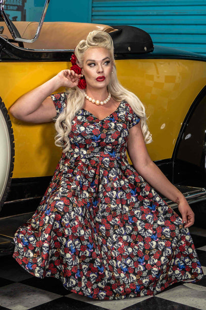 Lily Off Shoulder 50s Rockabilly Skull Dress