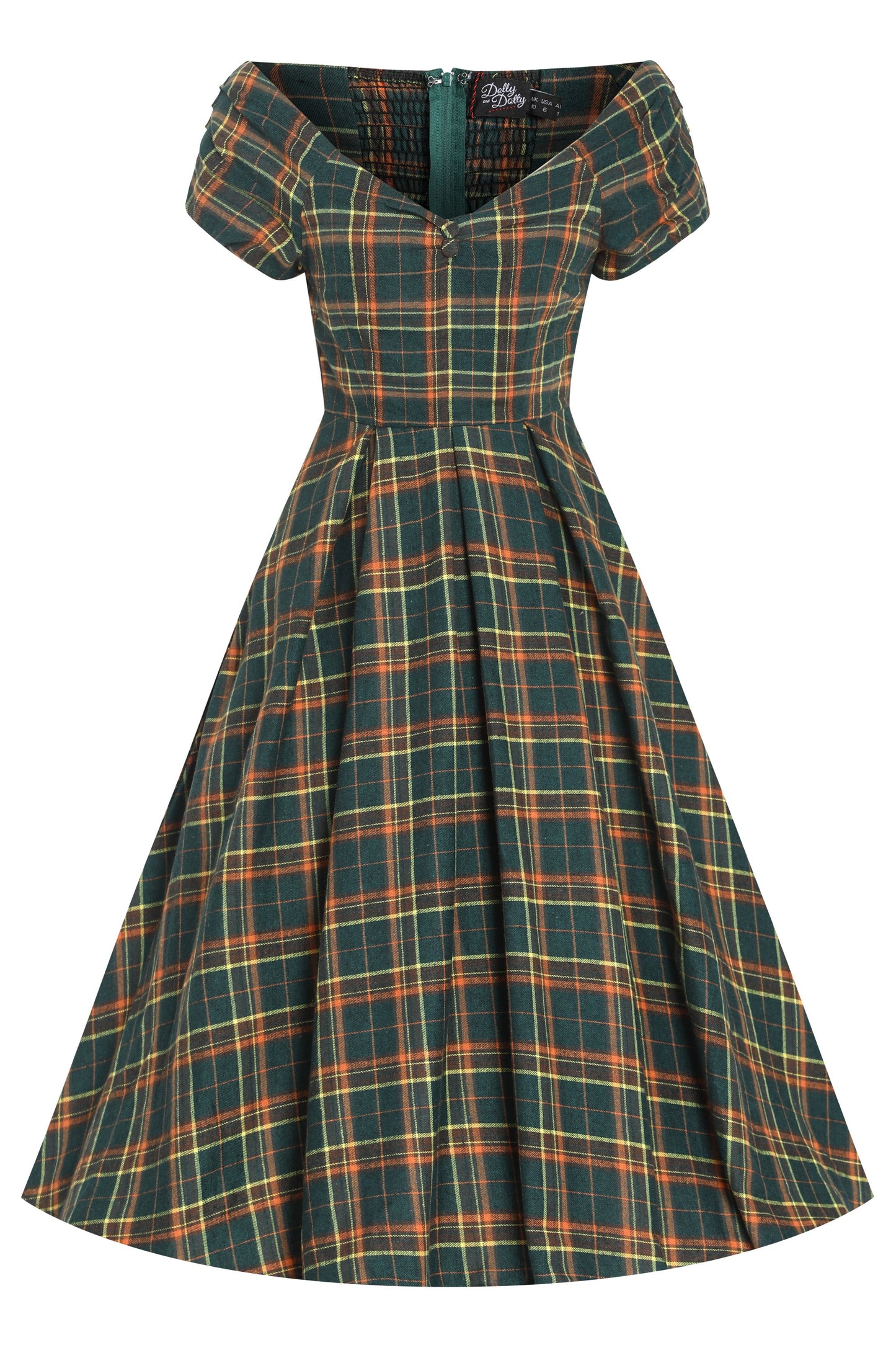 Lily Off Shoulder Green Tartan Check Circle Dress