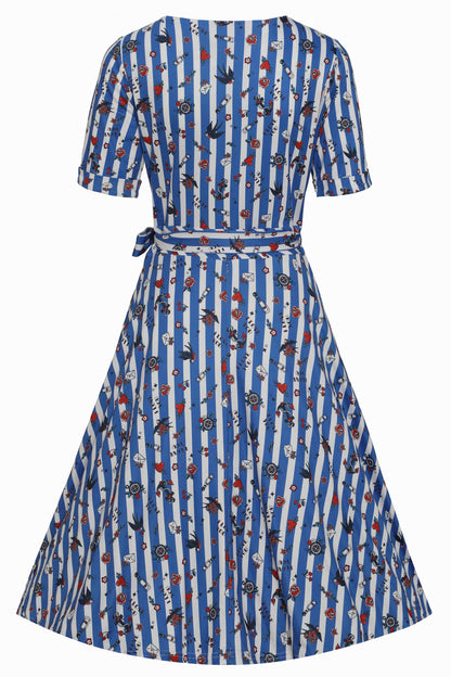 Matilda Old School Tattoo Blue Striped Wrap Dress