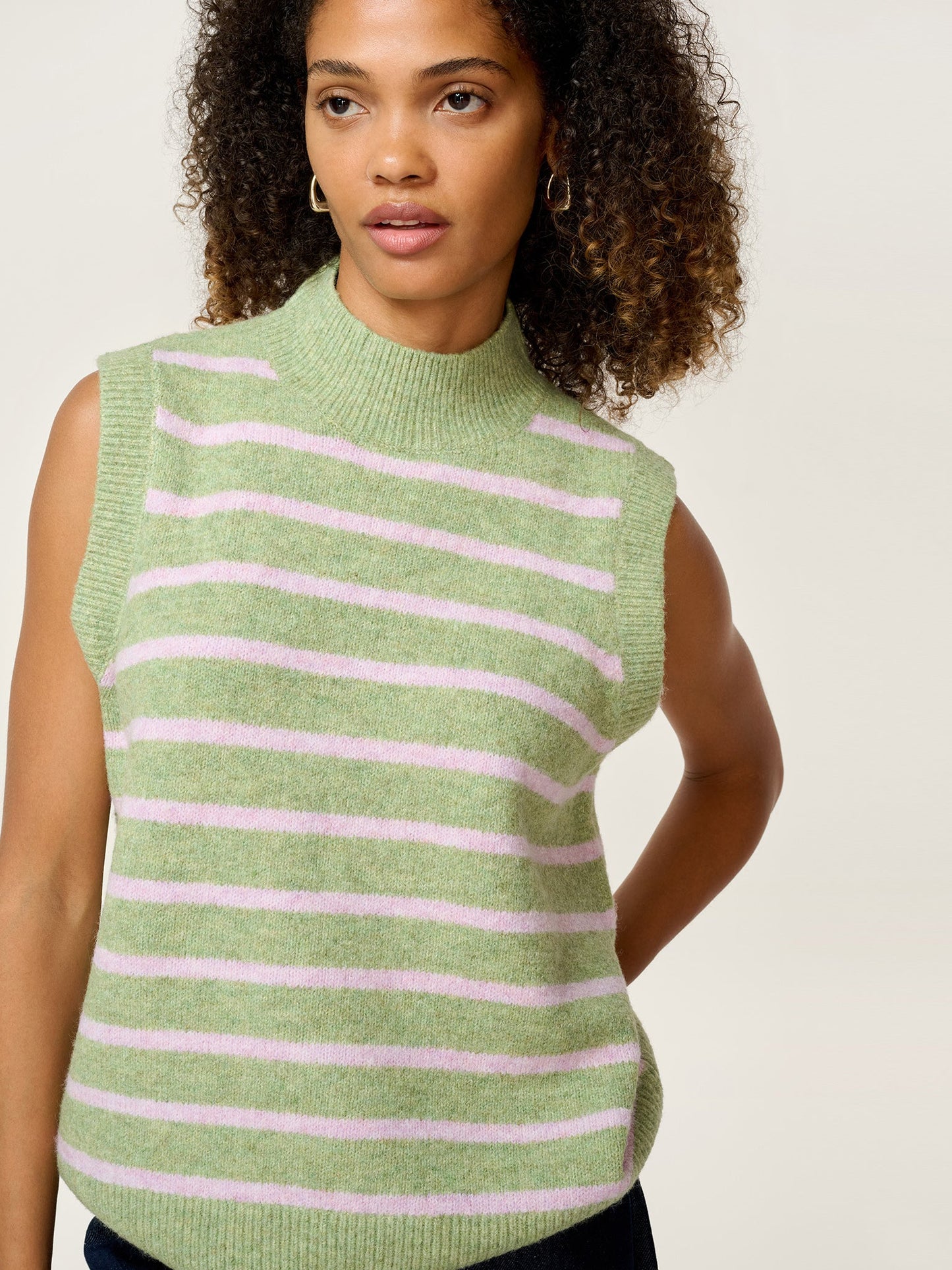 Pauli Funnel Neck Stripe Vest in Green and Pink