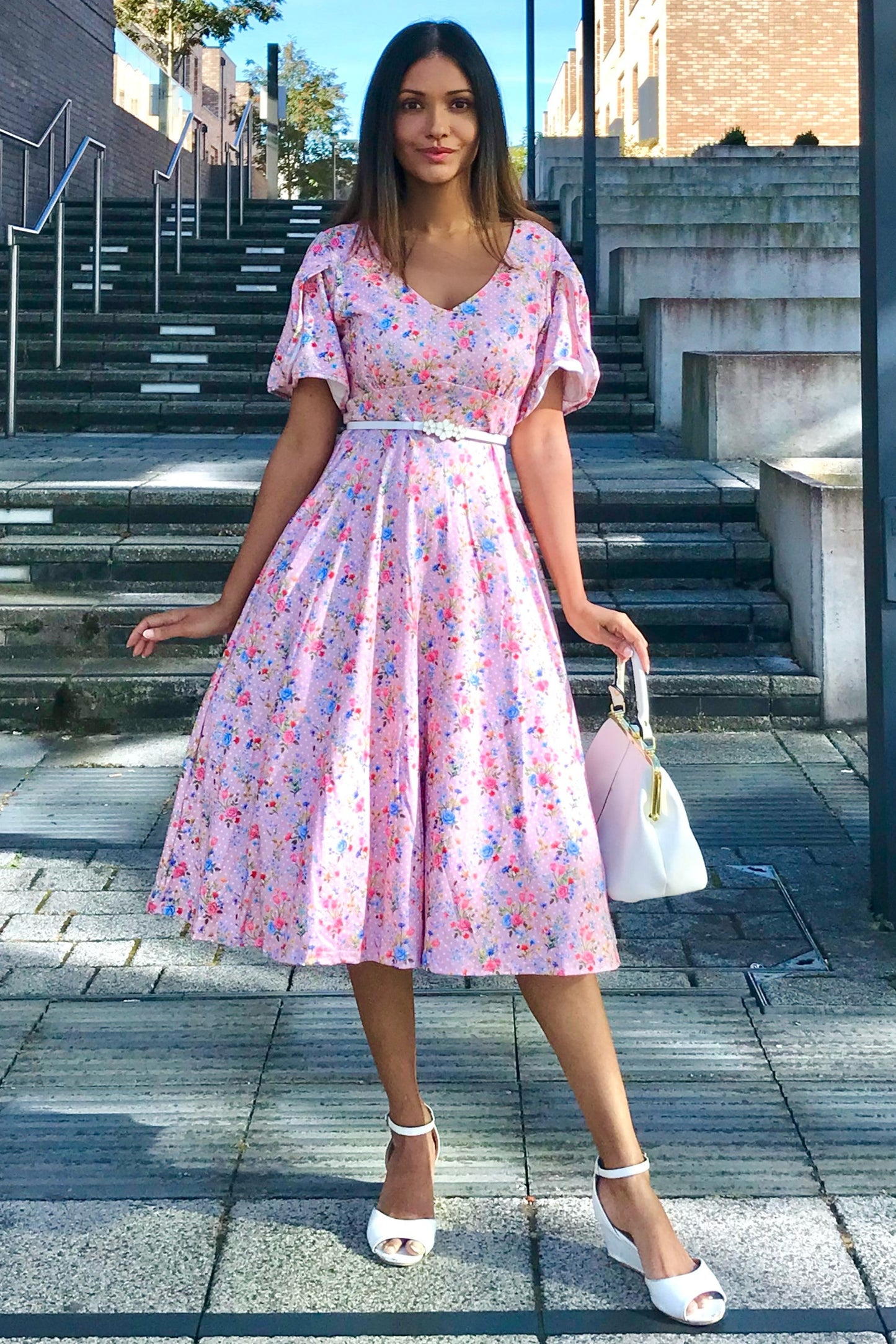 Janice Pink Floral Polka Dot Petal Sleeve Dress