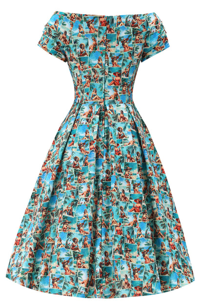 Lily Pinup Postcard Off Shoulder Dress