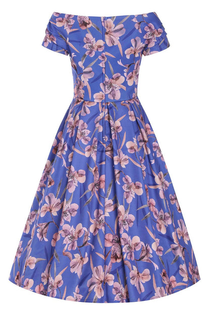 Lily Purple Alstroemeria Off Shoulder Dress