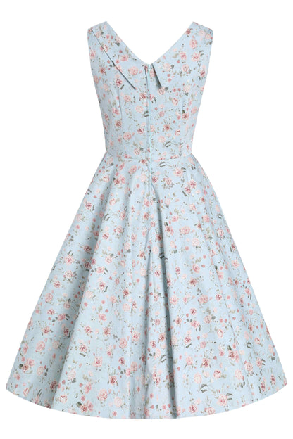 Grace Pleated Bust Dress in Baby Blue/Pink Floral Print