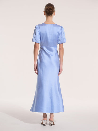 Rosie Ruched Puff Sleeve Dress in Light Blue