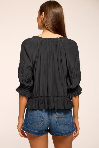 Natasha Ruched Square Neck Blouse | BLACK