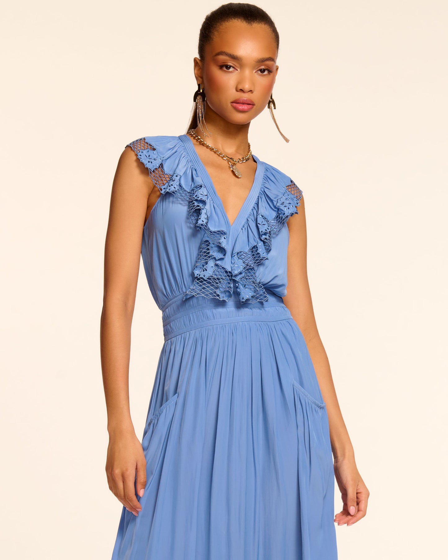 Laila V-Neck Smocked Embroidered Maxi Dress