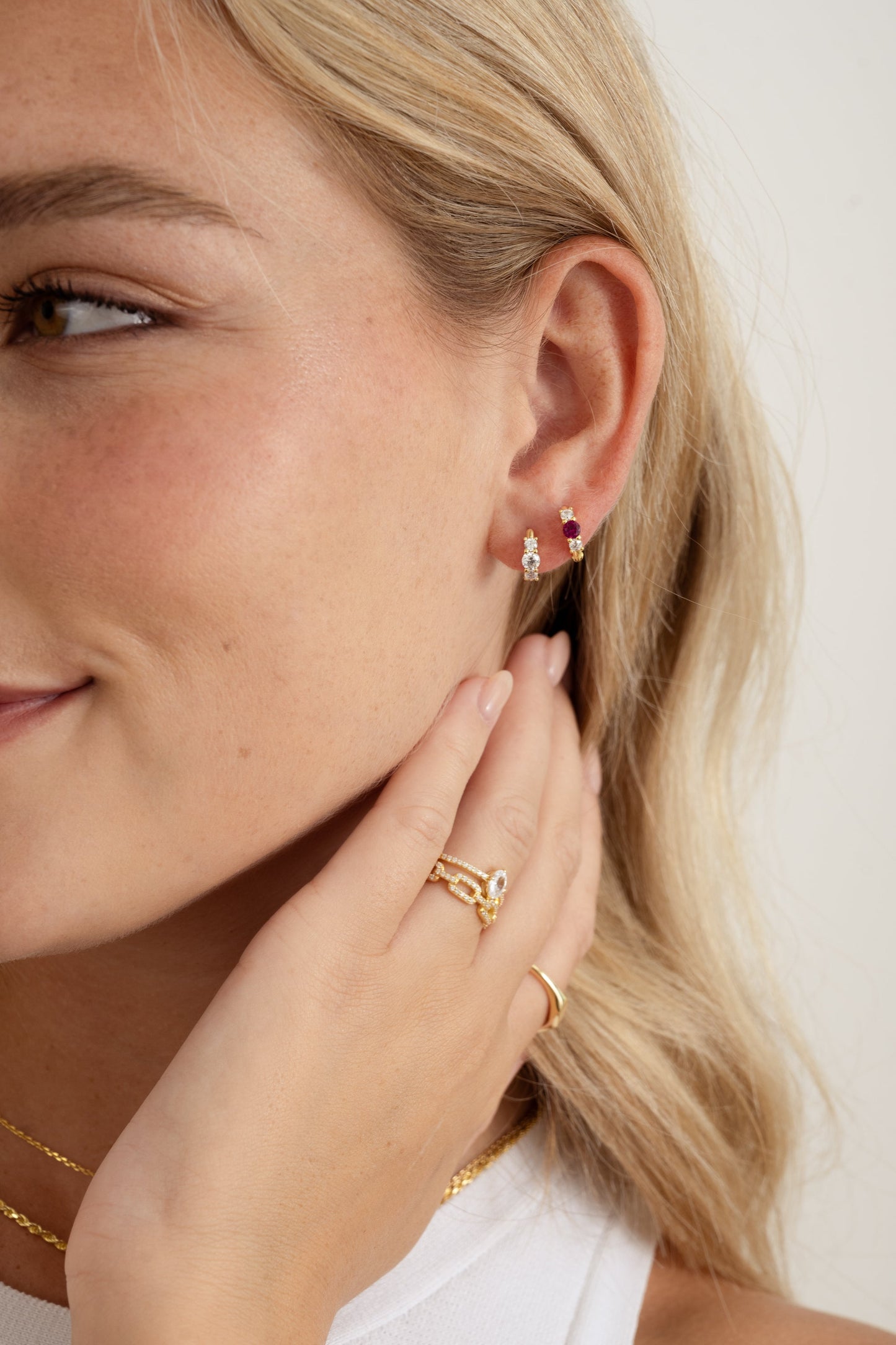 Ruby Three Stone Huggie Hoops