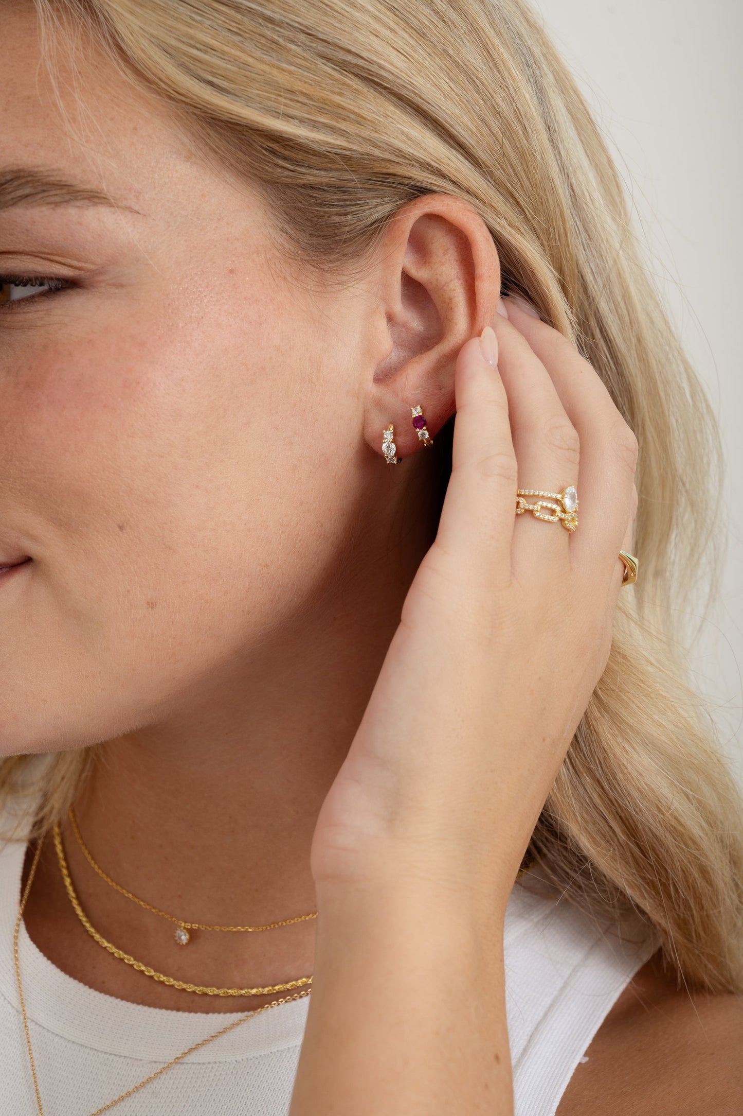 Ruby Three Stone Huggie Hoops