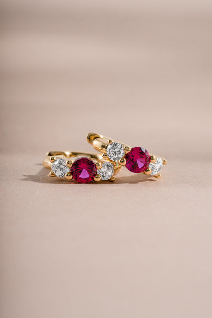 Ruby Three Stone Huggie Hoops