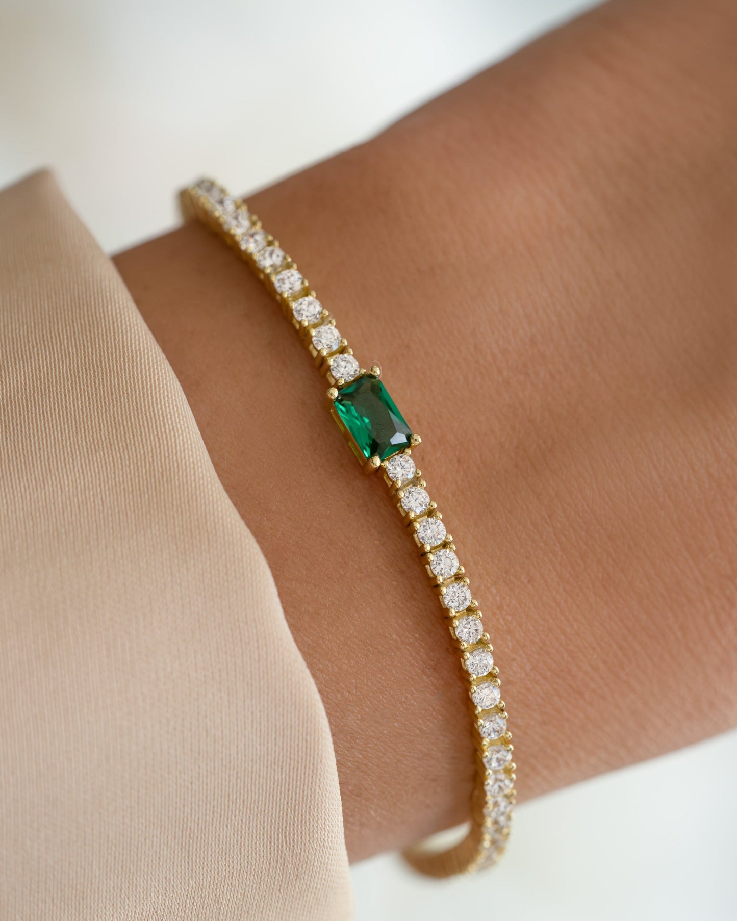 Tennis Bracelet with Emerald Baguette Charm