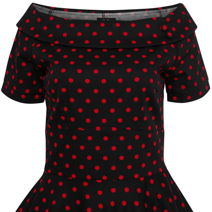Darlene Retro Polka Dot Swing Dress in Black-Red