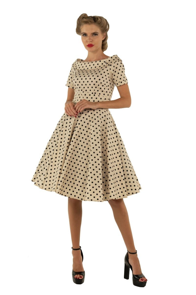 Darlene Retro Polka Dot Swing Dress in Beige