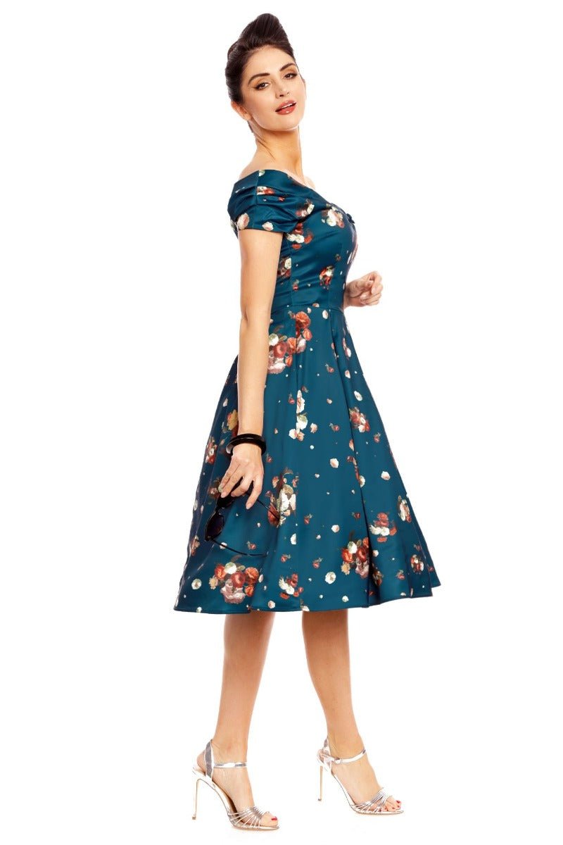 Lily Off-Shoulder 50's Dress in Blue Floral Roses Print
