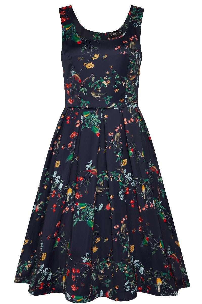 Navy Amanda 50s Inspired  Swing Dress  Bird with Flower Print