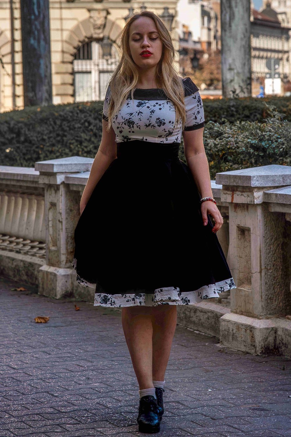 Darlene White & Black Floral Roll Collar Dress