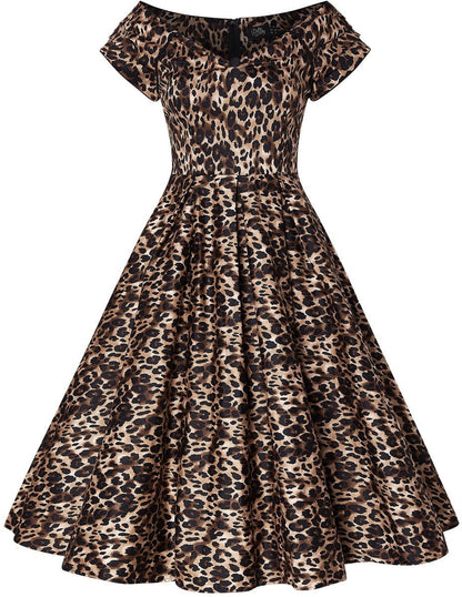 Lily Off-Shoulder Swing Dress in Brown Leopard Print